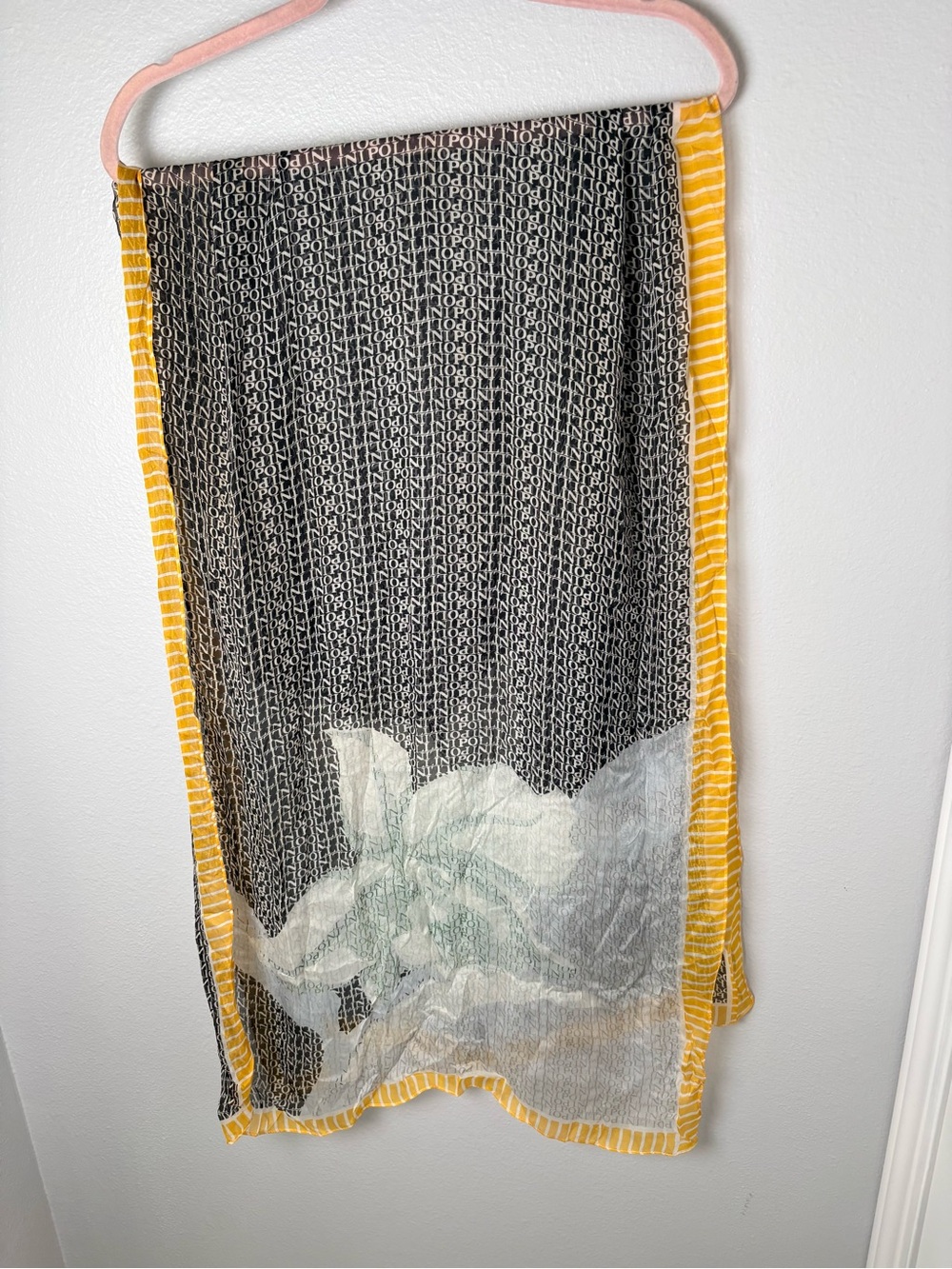 Pollini Silk Black and White Logo-Print with Yellow Border & Florals Scarf Wrap